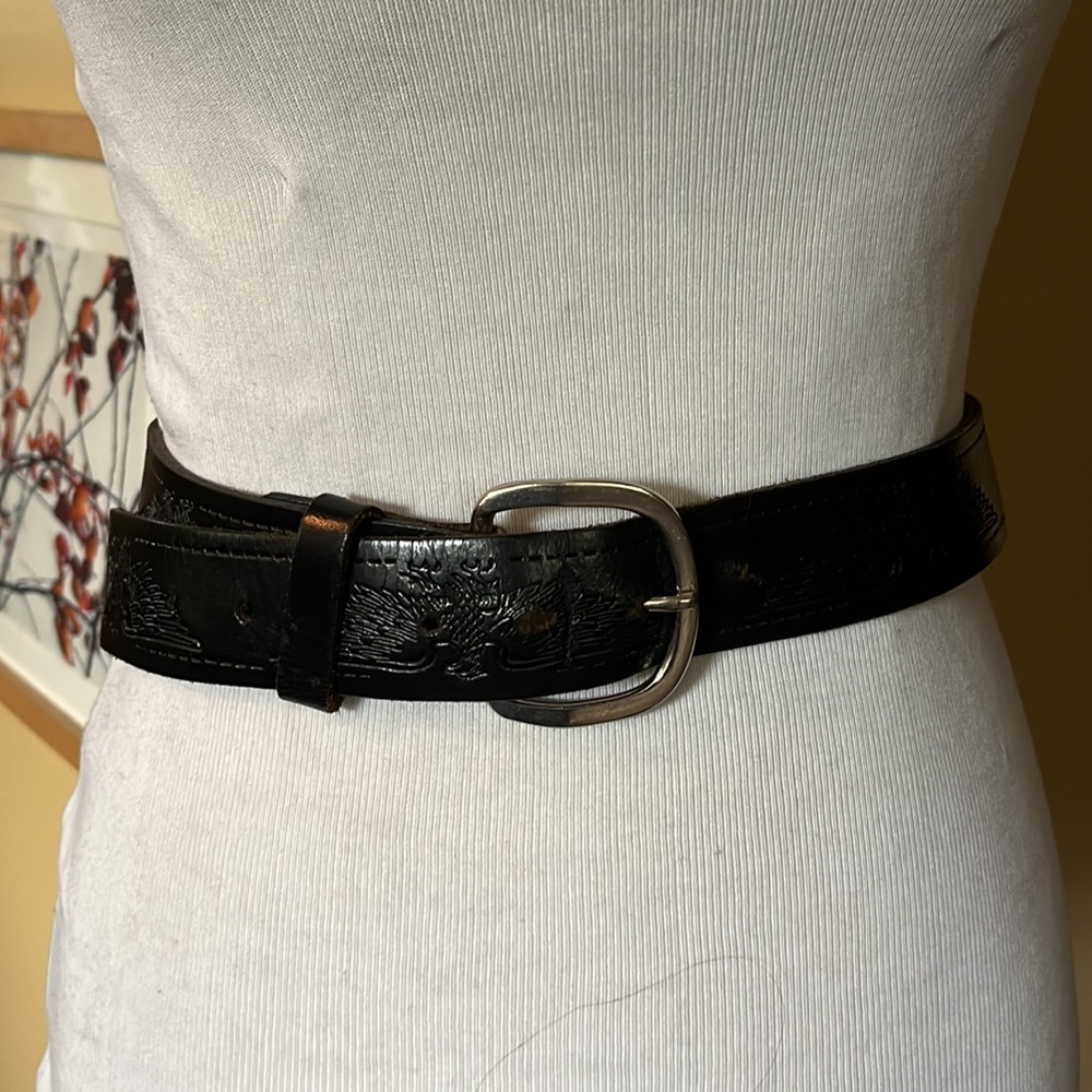Vtg HARLEY DAVIDSON Size XL 42-44 Embossed Eagle Belt Black Thick Leather Silver - Picture 5 of 16